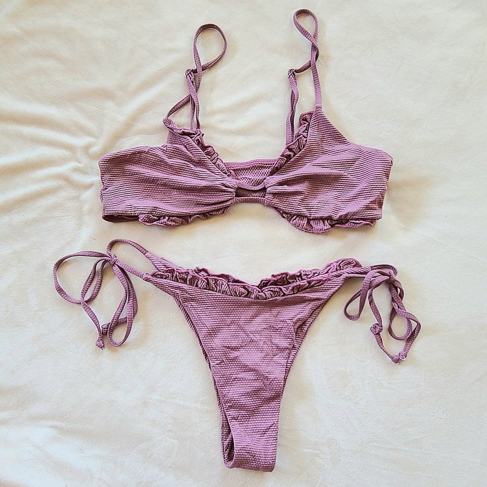 Light Purple Frilled Tie String Bikini *Top & Bottoms, No Padding* | Size L